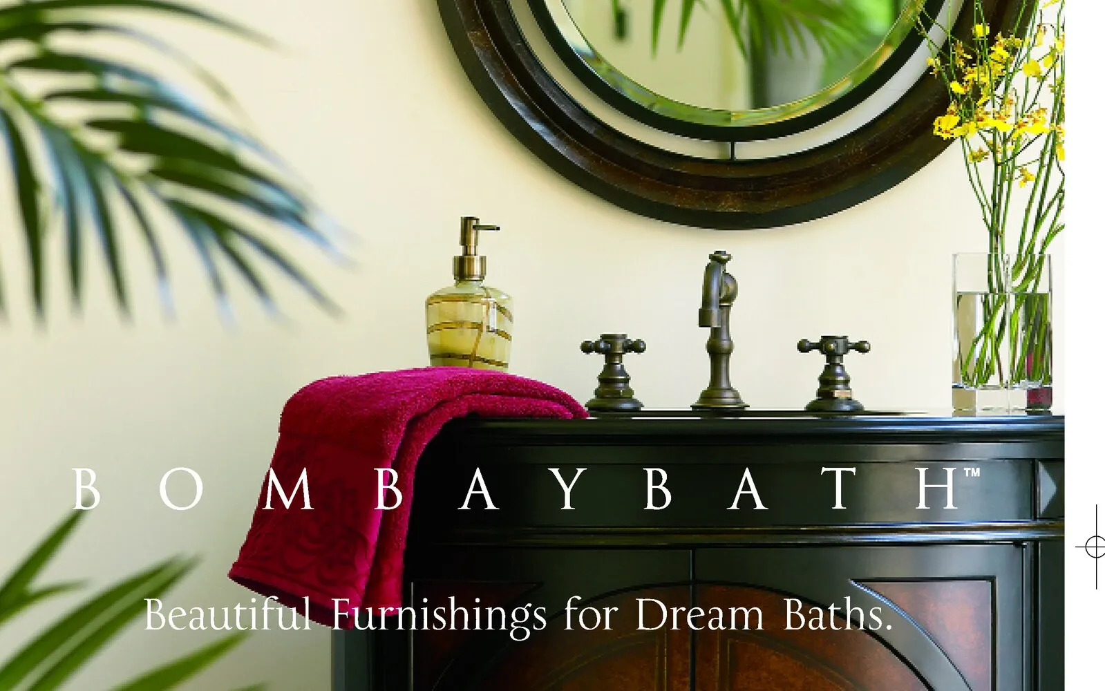 Bombay Bath catalog cover — an ornate vanity with a bronze faucet, red towel, and mirror.