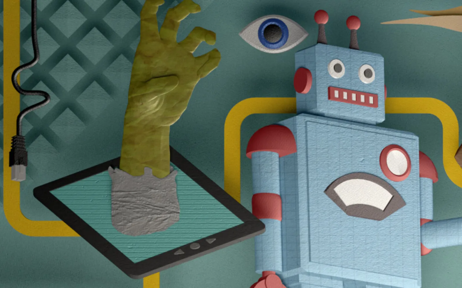 Papercraft-style illustration — a blue robot beside a zombie hand emerging from a tablet.