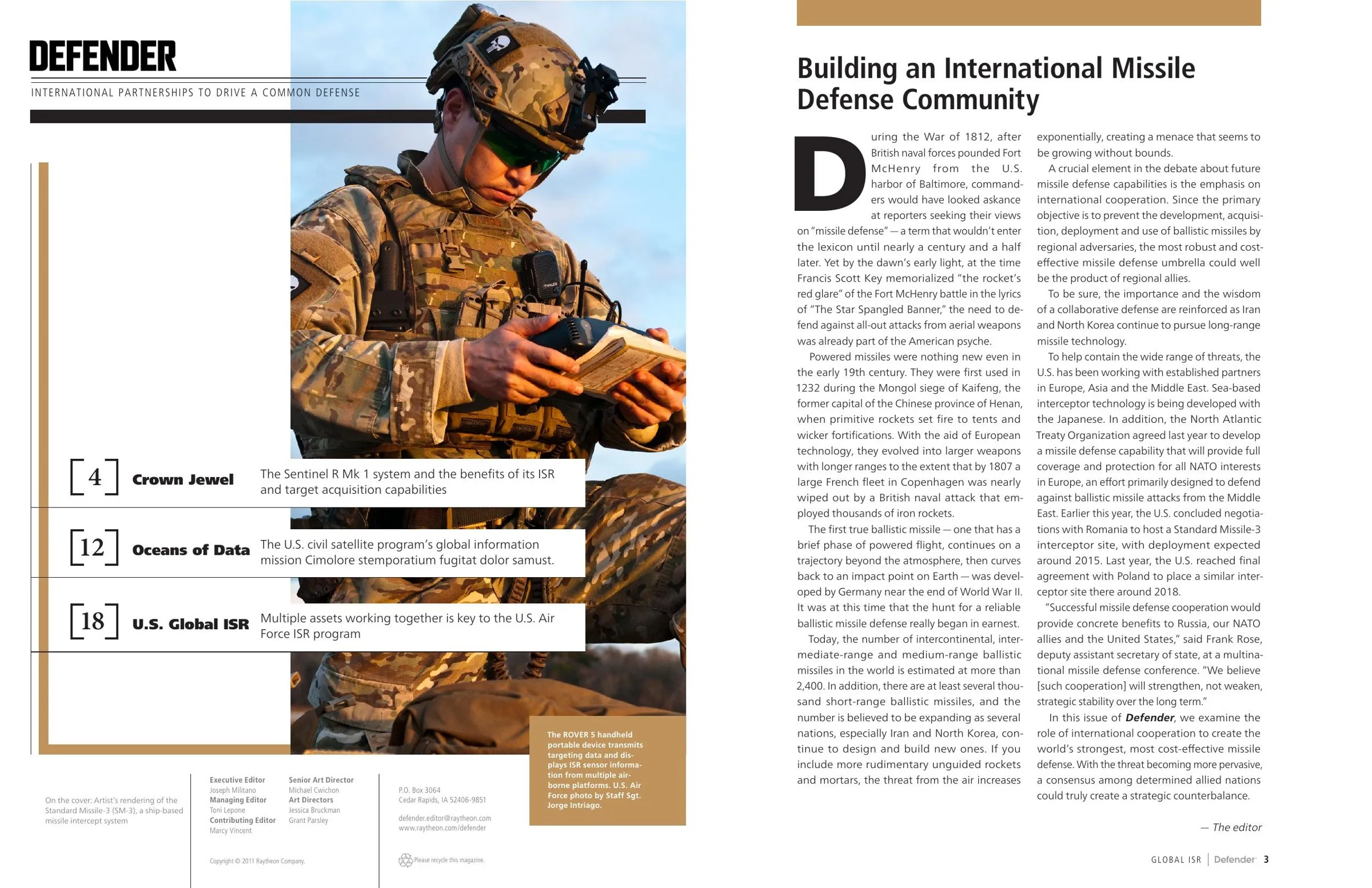 Contents spread pairing a full-height photograph of a soldier reading a handheld ISR device with the issue's opening editorial.