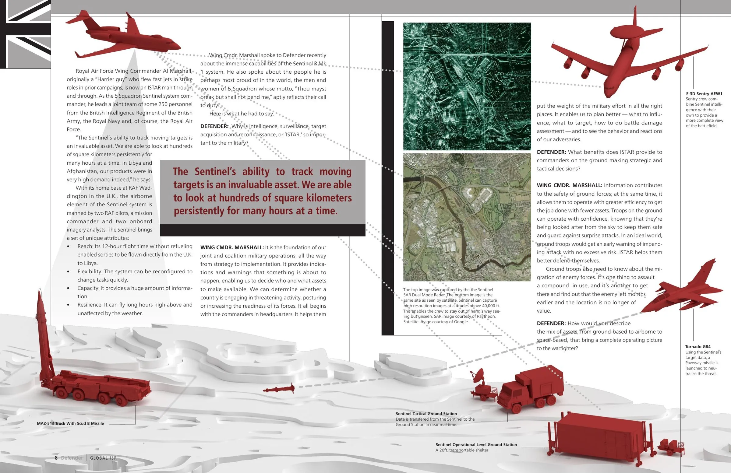 Interview spread built on a white 3-D terrain diagram, with red modeled aircraft, launchers, and ground stations connected by dotted data paths.