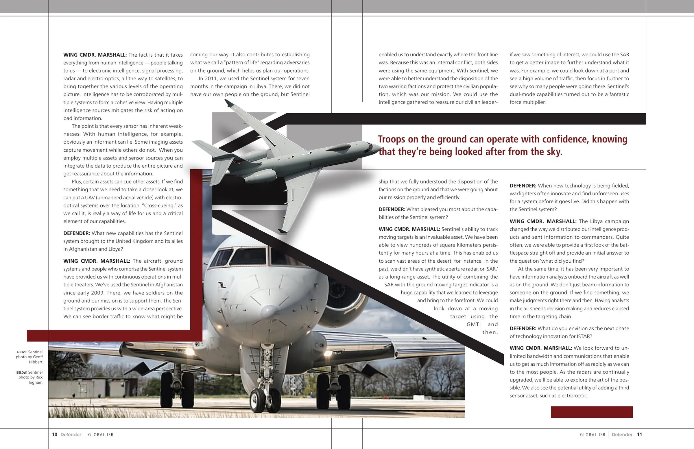 Interview spread with a Sentinel photographed head-on on the runway, overlaid with angled black and red geometry and a pull quote.