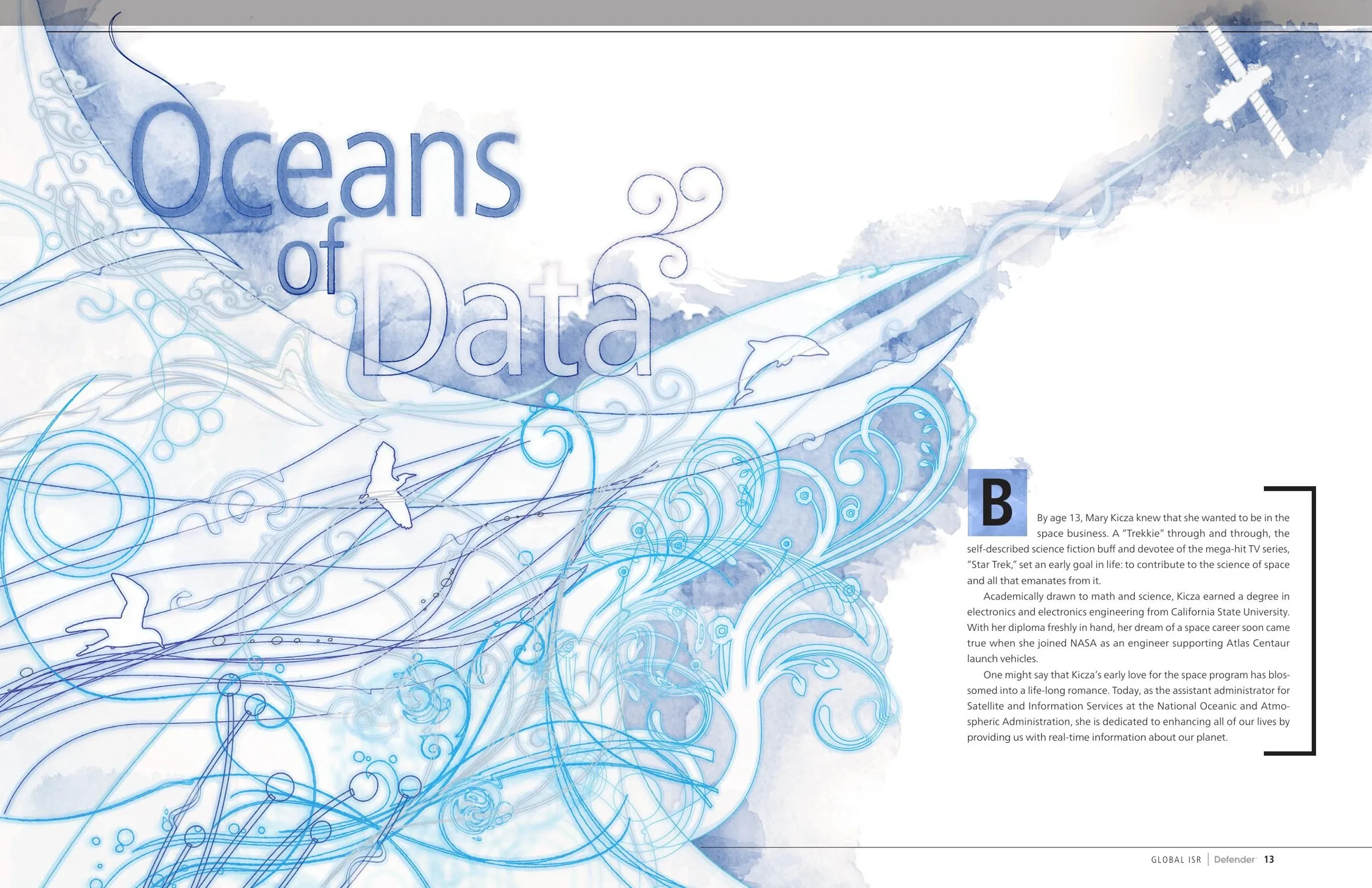Feature opener titled Oceans of Data: a watercolor and line illustration of a whale, dolphin, birds, and a satellite dissolving into blue washes.