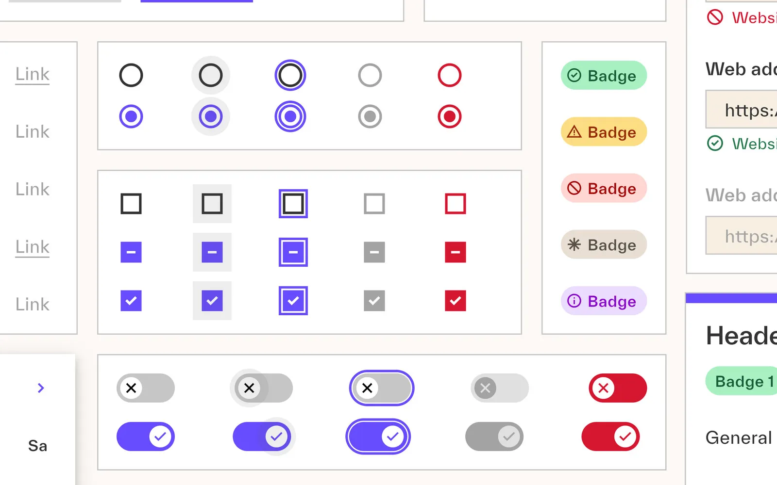 Ensemble v6 component gallery — radio buttons, checkboxes, toggles, and status badges.