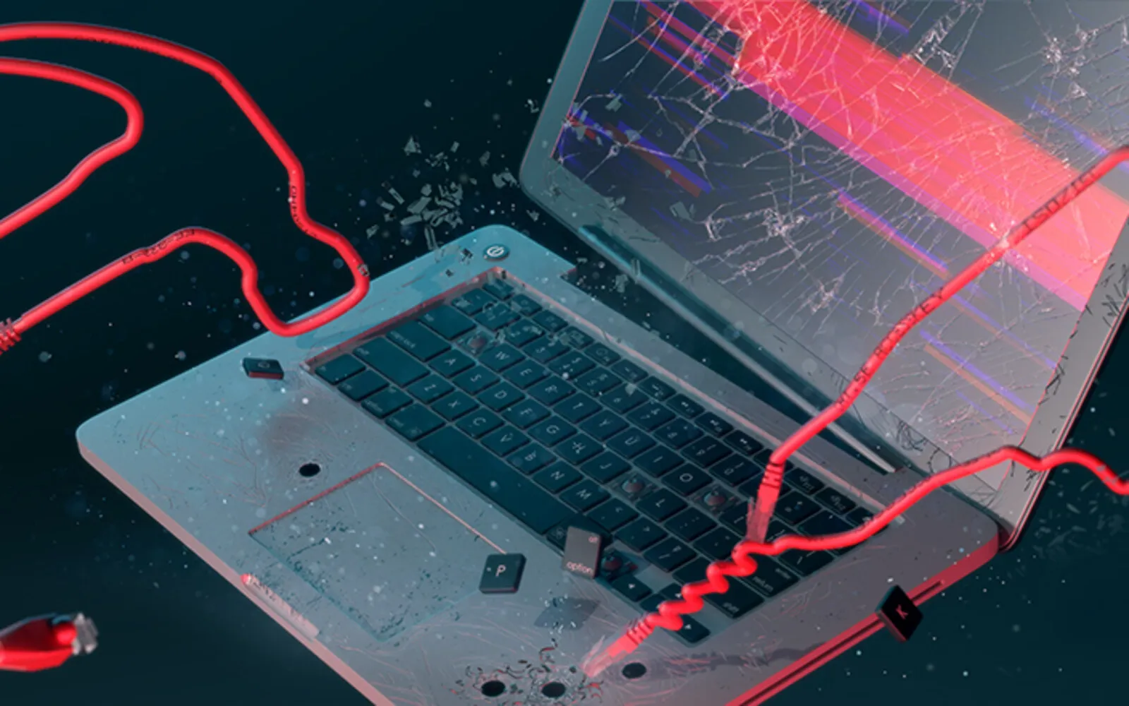 3D render of a laptop with a shattering screen and red network cables snaking through it.