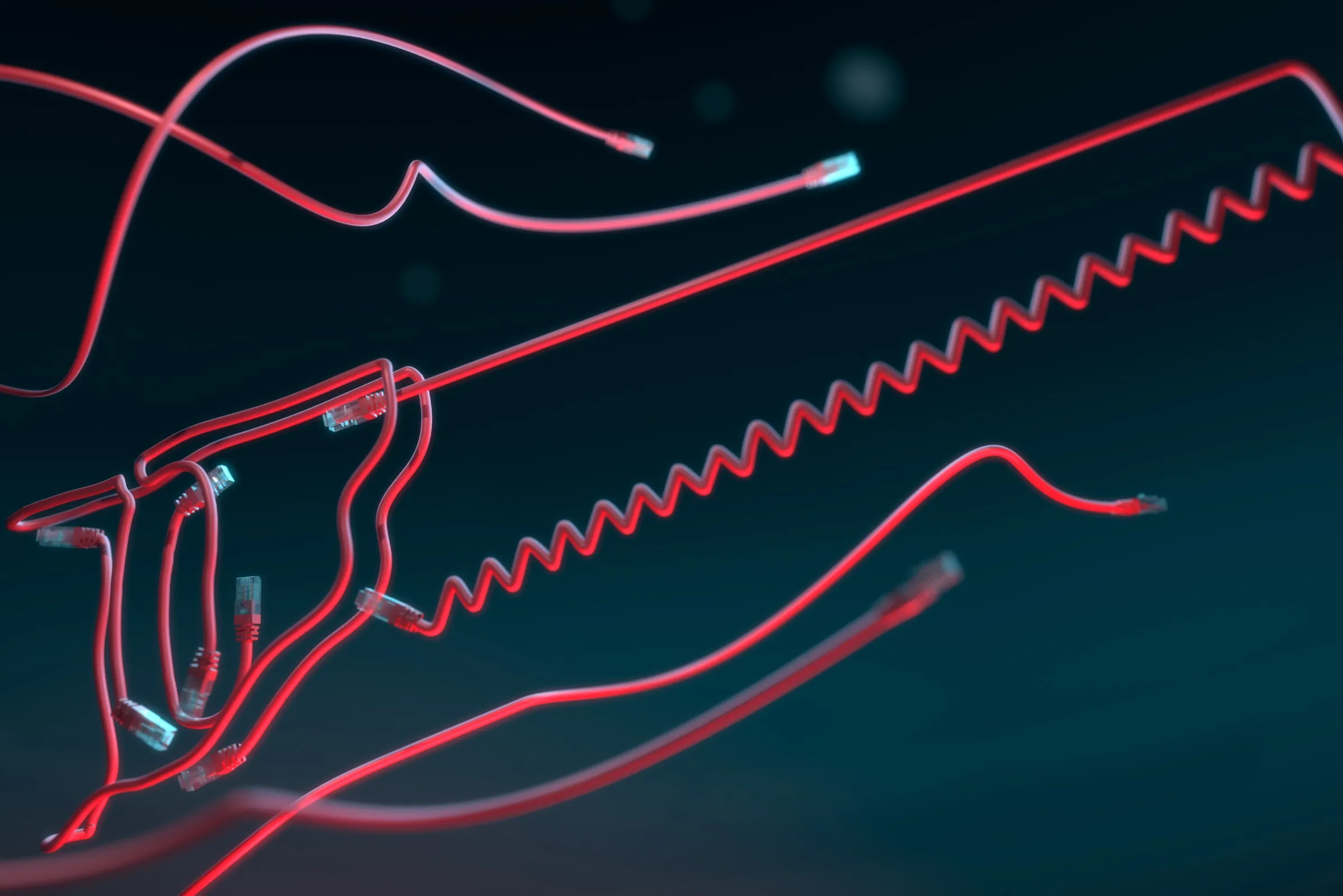 Glowing red network cables coiled into the silhouette of a handsaw, the cable itself zigzagging to form the toothed blade.