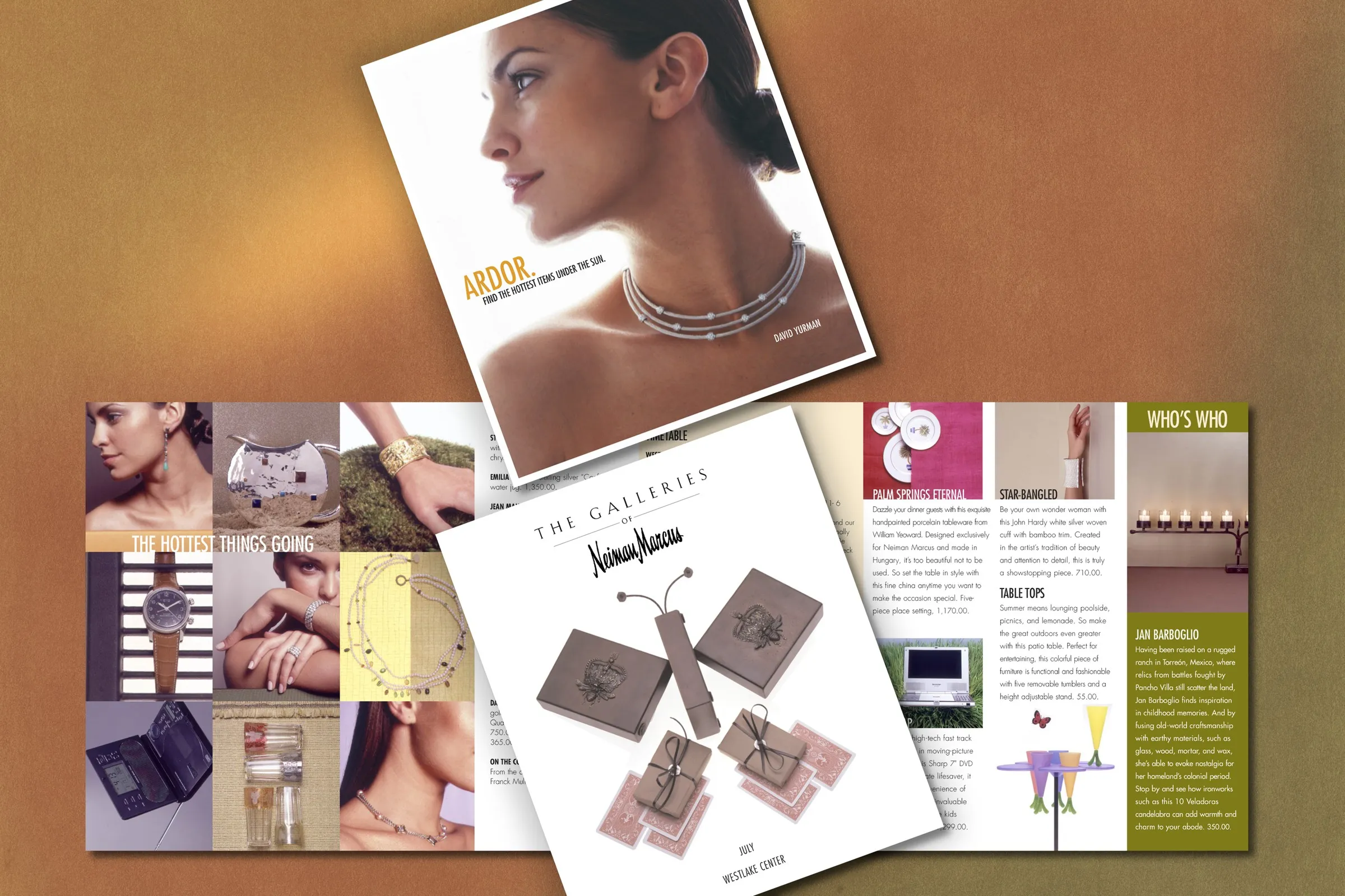 Neiman Marcus Galleries mailers laid out on a bronze field: a David Yurman cover reading Ardor, a grid of jewelry and accessories, and an interior editorial spread.