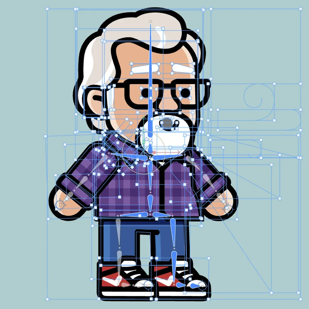 The character open in the Rive editor with its rig visible: joints, bones, and constraint handles laid over the artwork.