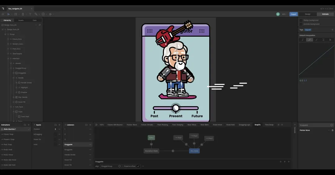 The Flux Navigator open in the Rive editor, showing the artboard, the state machine list, and the timeline.