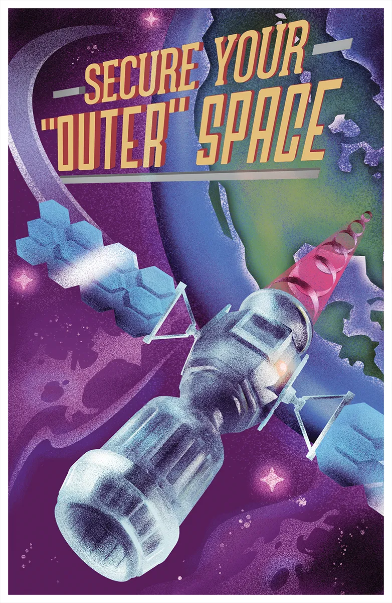 Art Deco poster of a communications satellite orbiting a planet in deep purple space, headline 'Secure Your Outer Space.'