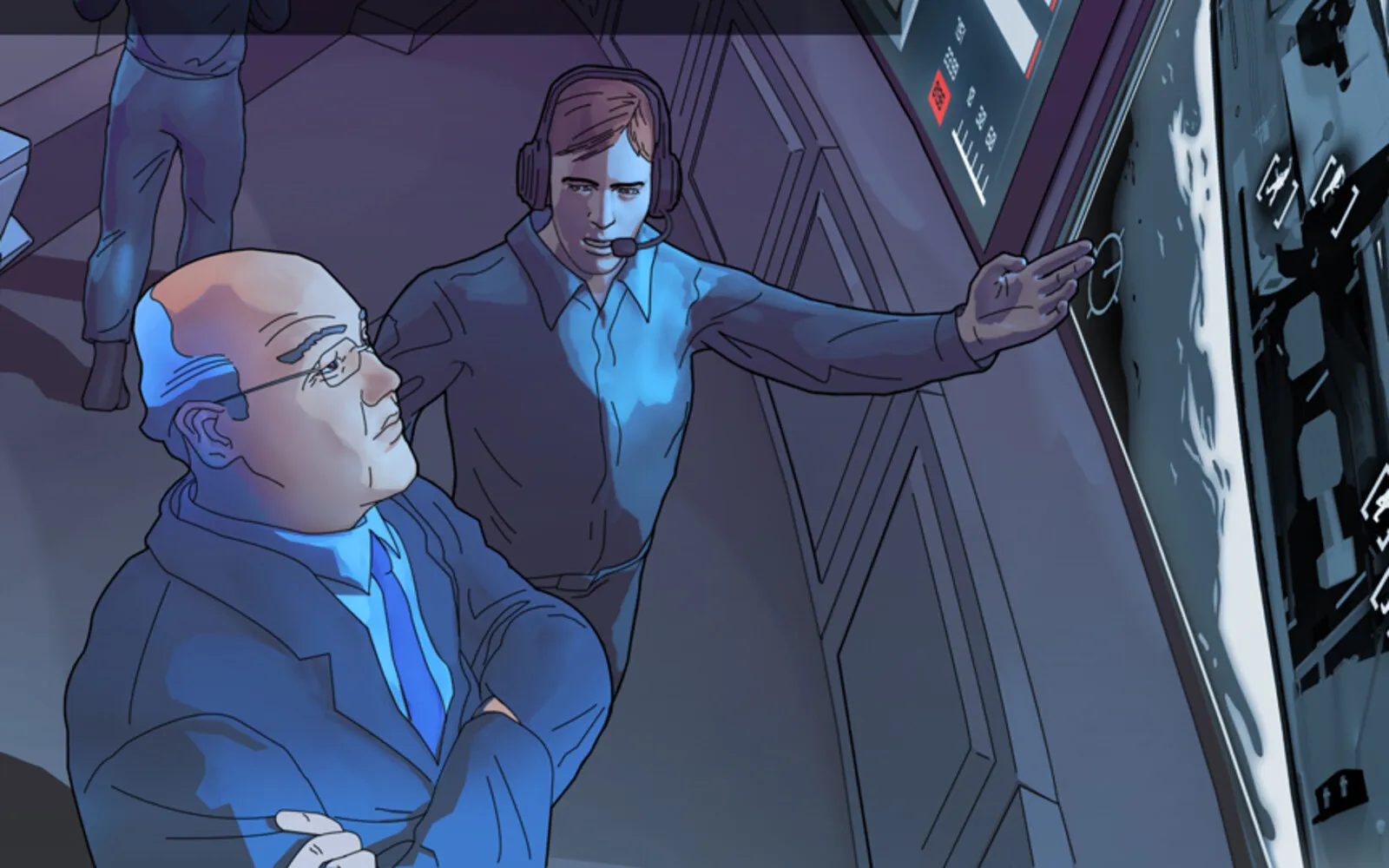 Graphic-novel illustration of two operators at a maritime tracking console.