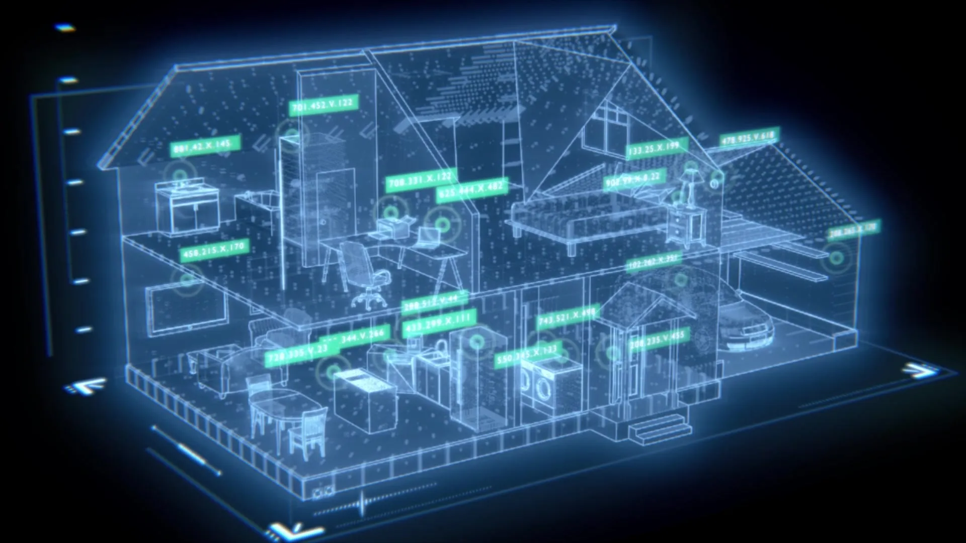 A frame from Grant Parsley's showreel — a holographic wireframe cutaway of a house with glowing network-address tags on connected devices.