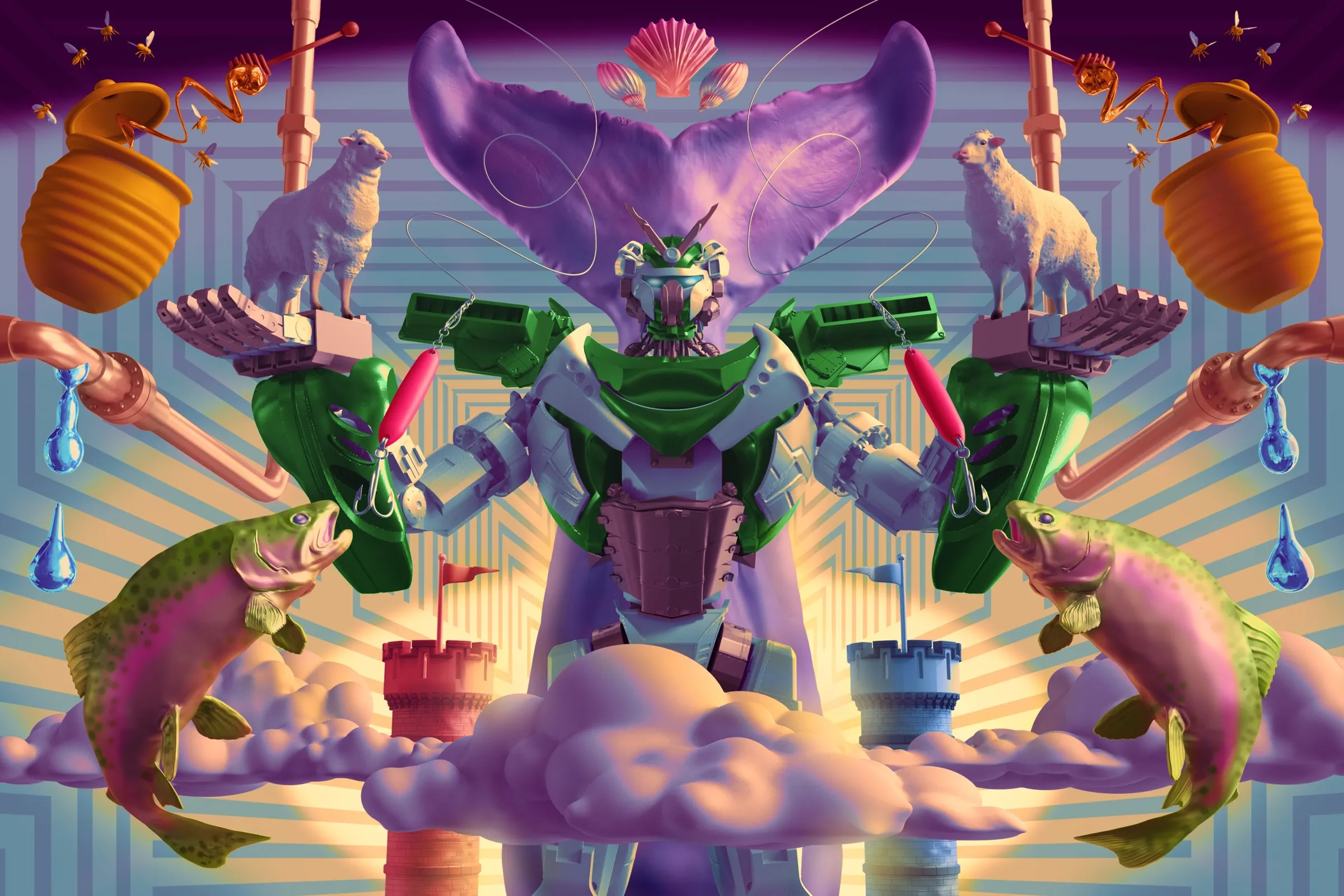 Symmetrical illustration centered on an armored robot with a whale tail, flanked by sheep, honey pots, leaping trout on lures, castle turrets, and dripping pipes.