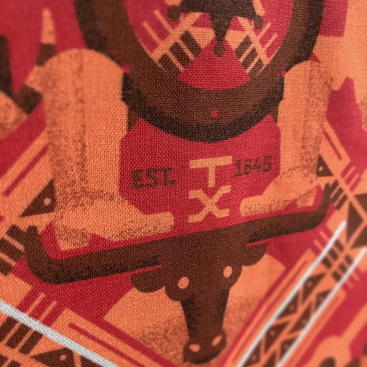 Macro detail of a cowboy boot motif stamped EST. TX 1845, raking light catching the texture of the fabric.