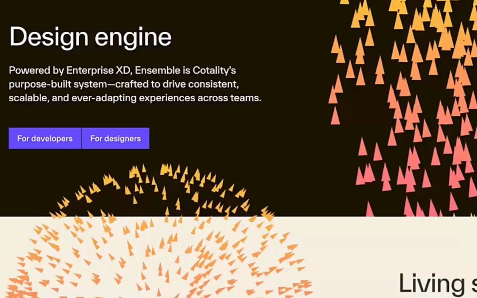 Ensemble v6 documentation site hero — a 'Design engine' headline over a generative particle field.