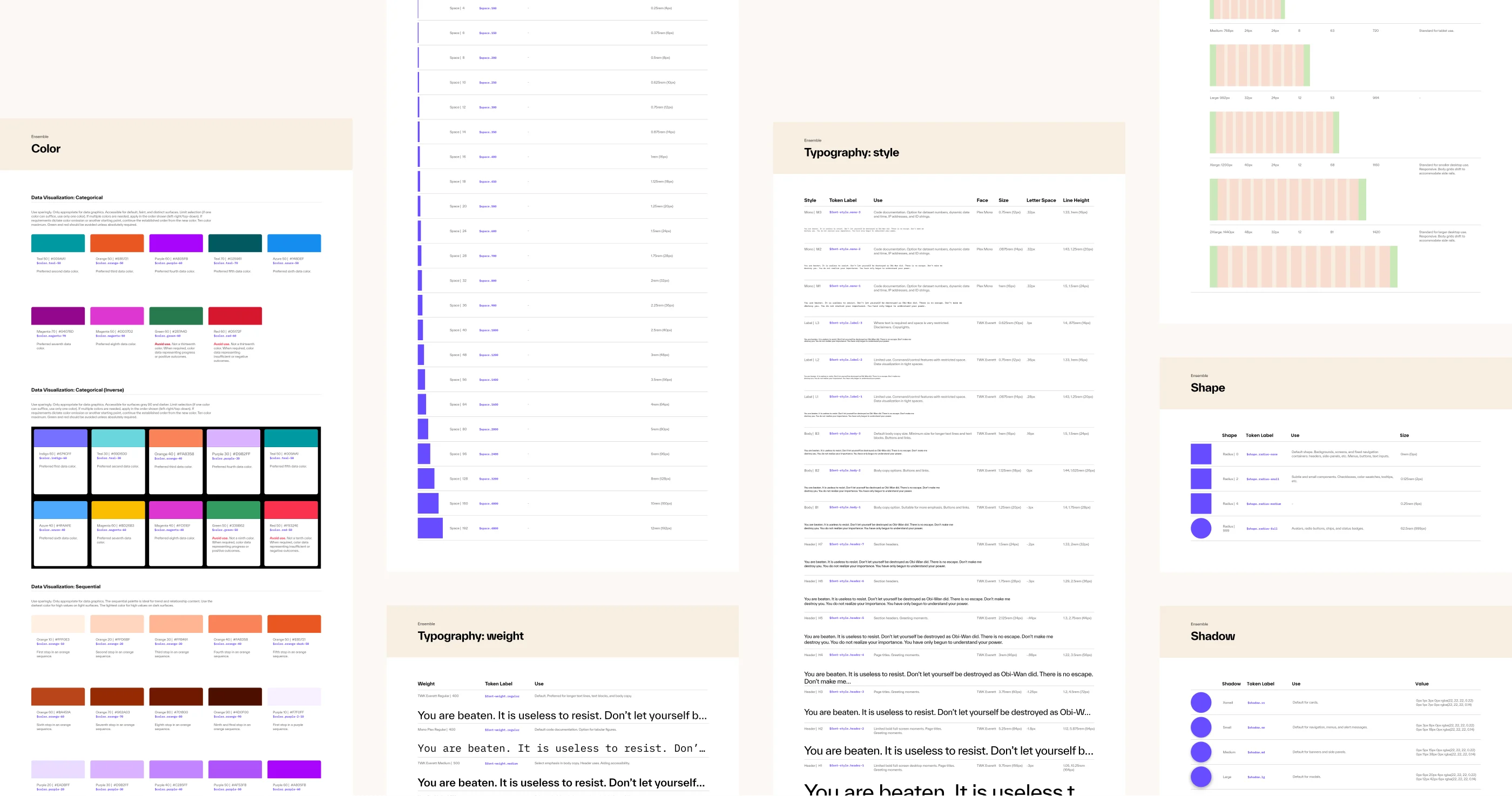 Ensemble v6 design tokens — color, typography, shape, and shadow scales.